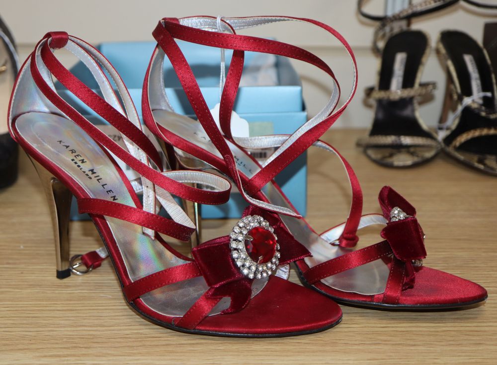 A pair of Karen Millen plum satin sandals with silver heels, cross strap ankle straps and diamonte decoration, size 37 (boxed)
